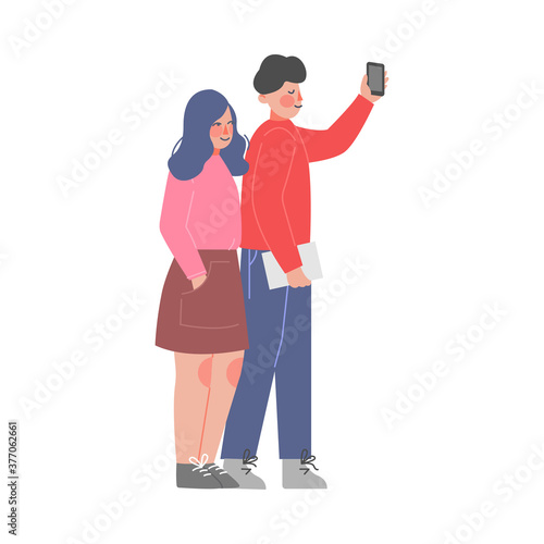Young Man and Woman Standing, Listening Attentively and Recording Video or Audio Information on Smartphone Vector Illustration