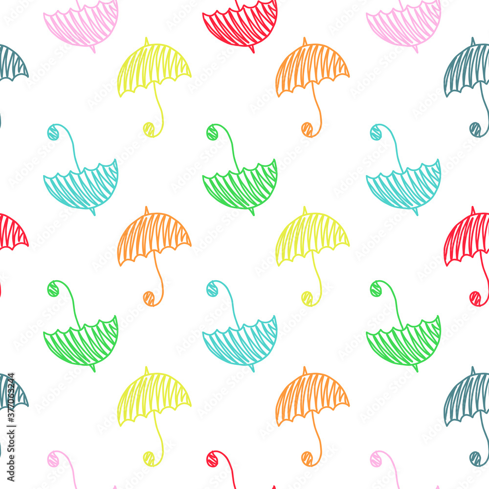 Obraz premium Seamless pattern with hand-drawn colorful umbrellas. Vector autumn background.