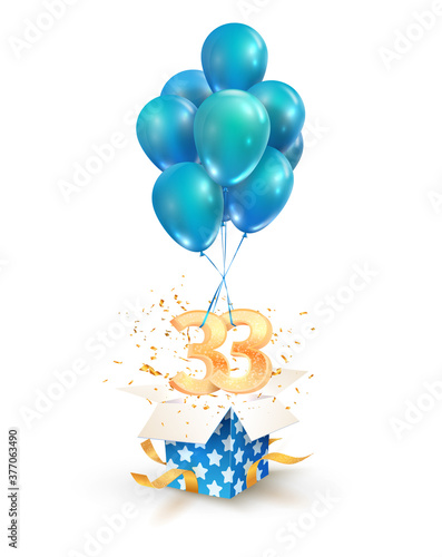 33th years celebrations. Greetings of thirty three birthday isolated vector design elements. Open textured gift box with numbers and flying on balloons