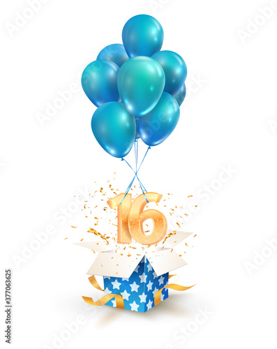 16th years celebrations. Greetings of sixteen birthday isolated vector design elements. Open textured gift box with numbers and flying on balloons