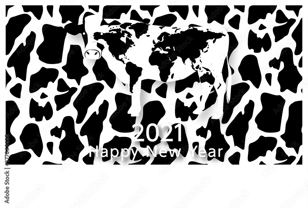 2021年丑年年賀状-世界地図柄ホルスタイン・乳牛柄背景