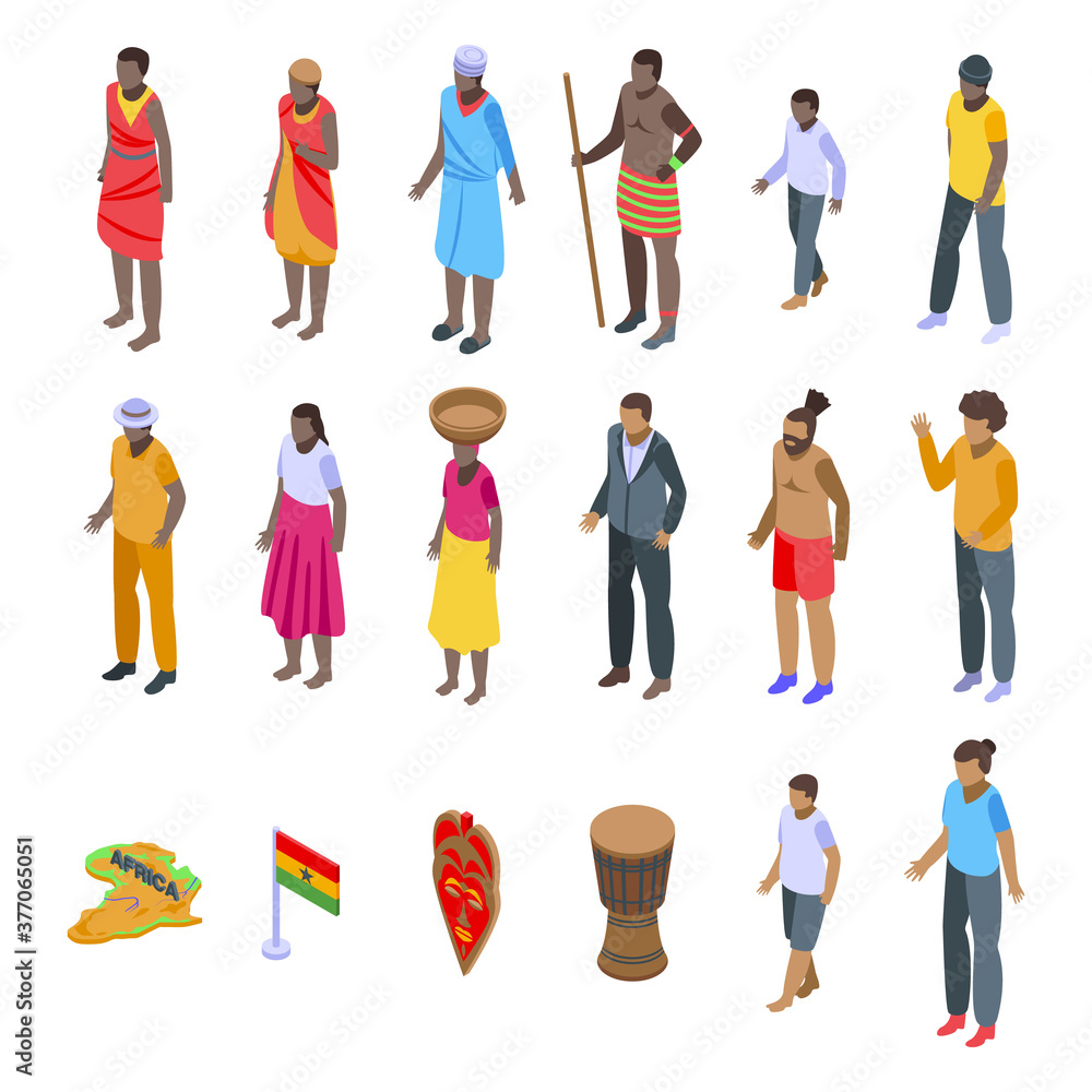 African people icons set. Isometric set of african people vector icons for web design isolated on white background