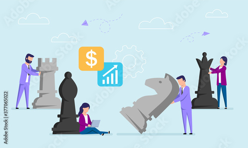 Vector Concept Illustration In Flat Style Of Businessmen Moving Big Chess Pieces. Working Strategy, Business Plan Notion. Cartoon Male And Female Characters On Blue Background With Infographic Items