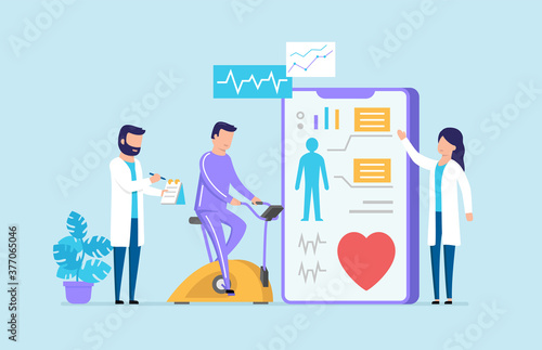 Male And Female Scientists In White Robes Investigating Man In Sport Outfit On Bike Training Apparatus Riding. Health And Sport Explored By Professionals Concept Illustration In Flat Cartoon Style