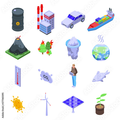 Global warming icons set. Isometric set of global warming vector icons for web design isolated on white background