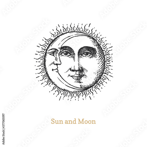 Sun and Moon, hand drawn in engraving style.