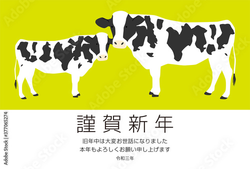 2021年丑年年賀状-親子の乳牛緑色背景