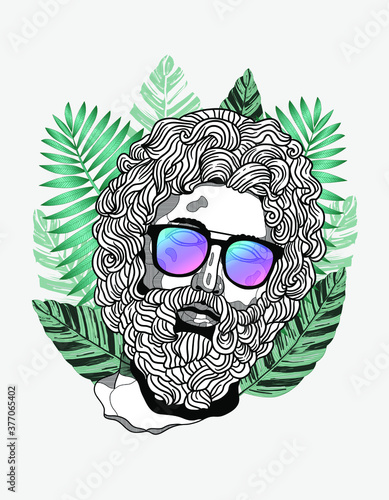 Asklepios of Melos. Vector illustration hand drawn. Hipster portrait with glasses and tropical leaves. Summer style.
