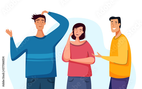 Brainstorm new idea. People thinking and talking together. Flat cartoon. Vector illustration