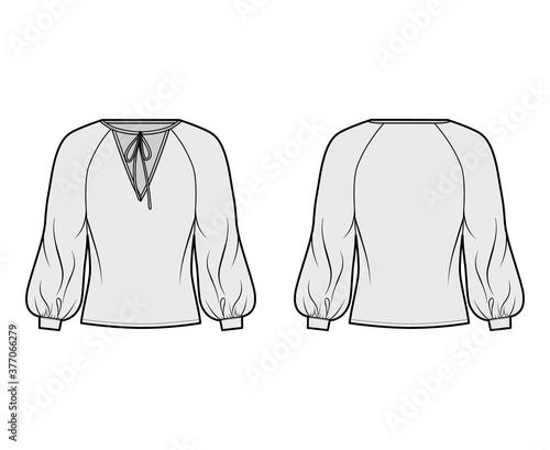 Tie-detailed neckline blouse technical fashion illustration with long raglan bishop sleeves, oversized, elongated hem. Flat apparel shirt template front back grey color. Women, unisex top CAD mockup