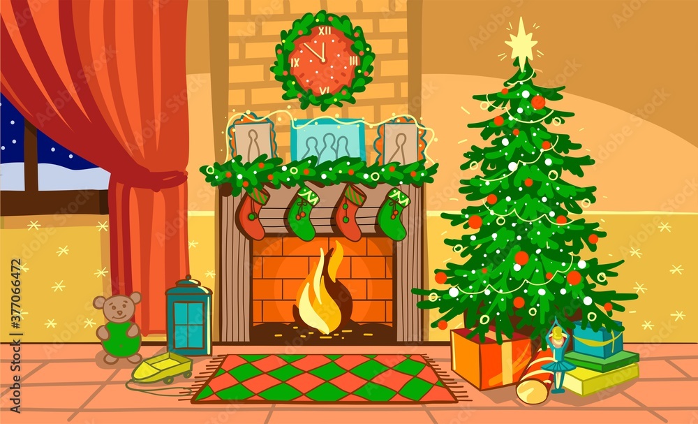 Vector illustration. New year s room with a fireplace, Christmas tree, gifts, snow outside, warm and cozy. Vector illustration. New year s room with a fireplace, Christmas tree, gifts, snow outside, warm and cozy.