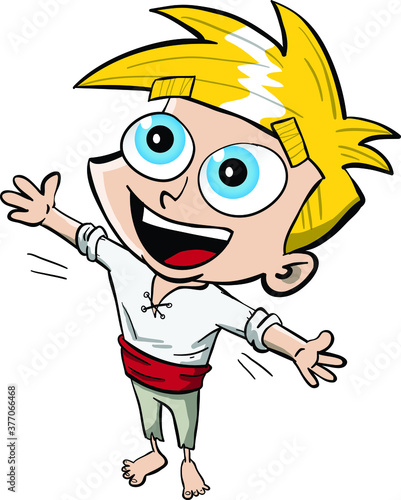 Little blonde kid with big blue eyes waiting for a hug