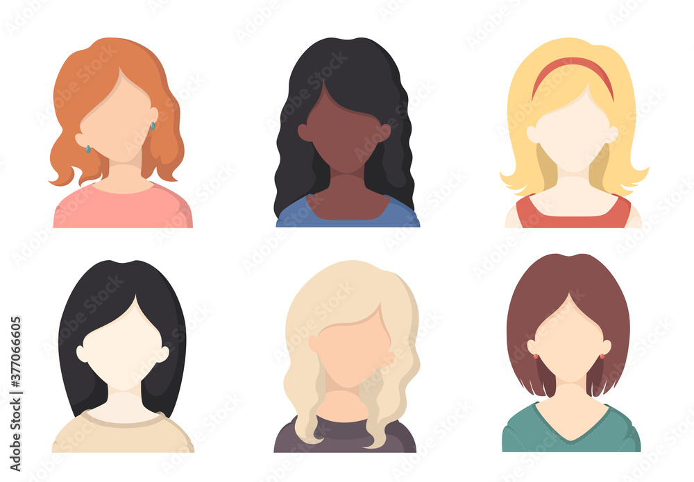 Collection of various portrait girls with different hair color and hairstyles isolated on white background. Vector illustration with face avatars in flat style Collection of various portrait girls with different hair color and hairstyles isolated on white background. Vector illustration with face avatars in flat style