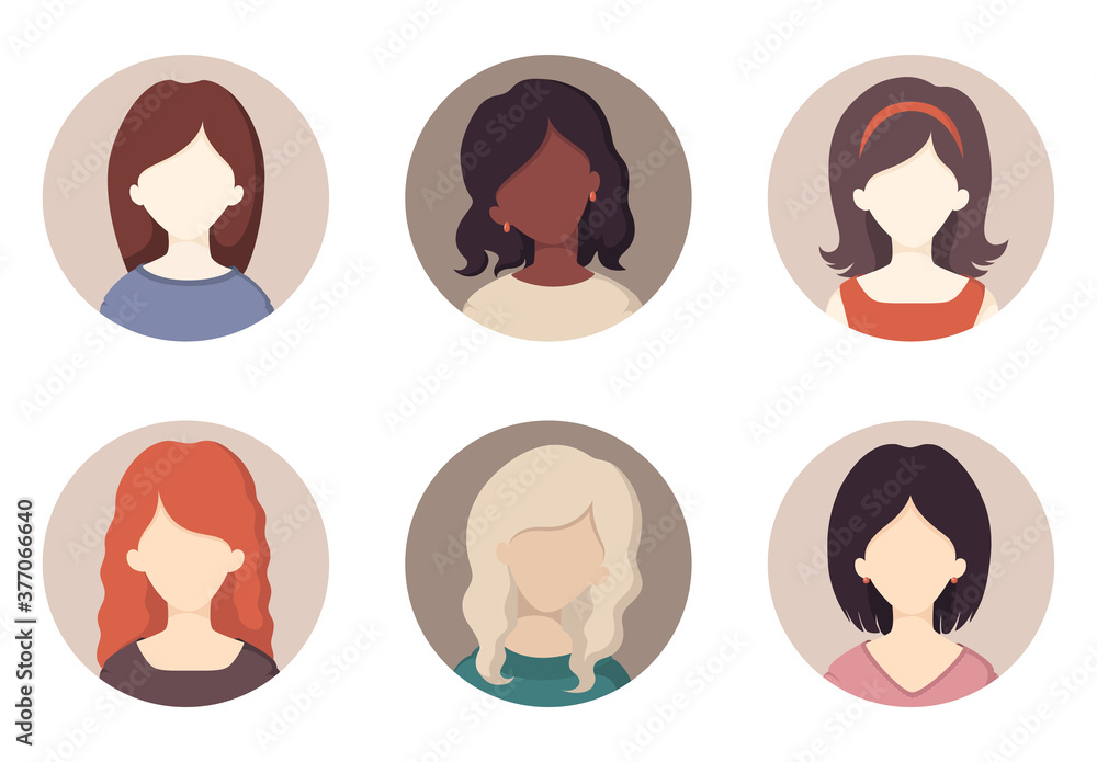 Collection of various portrait girls with different hair color and hairstyles isolated on white background. Vector illustration with round face avatars in flat style Collection of various portrait girls with different hair color and hairstyles isolated on white background. Vector illustration with round face avatars in flat style