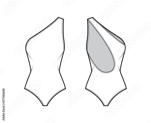 One-shoulder stretch bodysuit technical fashion illustration with open scooped back, medium brief coverage. Flat one-piece apparel template front, white color. Women men unisex swimsuit CAD mockup
