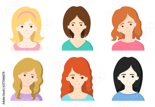 Collection of various portrait girls with different hairstyles and hair color isolated on white background. Vector illustration with face avatars in flat style