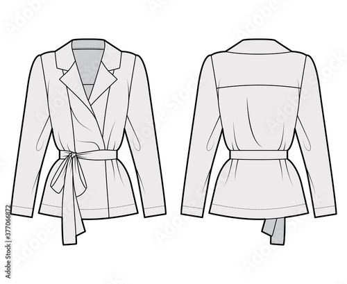 Belted double-breasted wrap shirt technical fashion illustration with relaxed fit pointed notch collar, long sleeves. Flat apparel template front back grey color. Women men unisex blazer CAD mockup