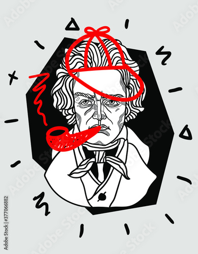 Beethoven bust sculpture. Vector illustration hand drawn.  Sherlock Holmes. 
