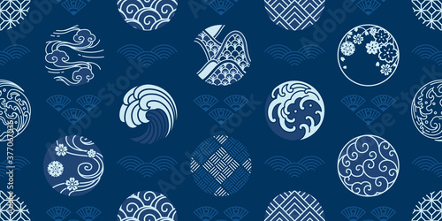 Japanese seamless pattern and wallpaper vector. Water wave, wind,cloud,porcelain,textiles,sakura,geometric vintage style.
