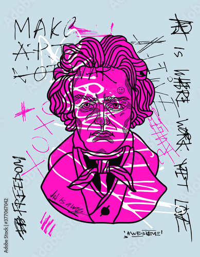 Beethoven bust sculpture. Vector illustration hand drawn.  Crazy pink calligraphy.