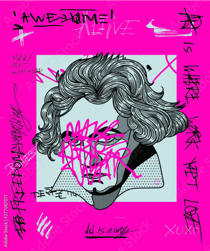 Ludwig van Beethoven. Vector illustration hand drawn.  Crazy pink calligraphy.
