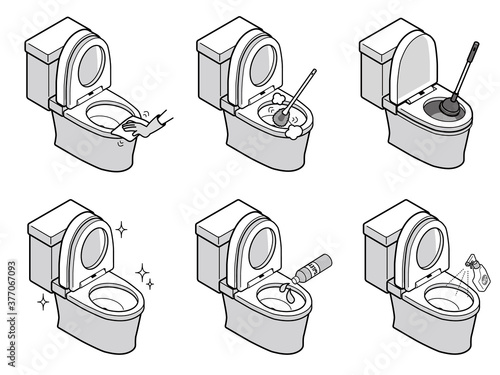 洋式トイレを掃除するイラストセット