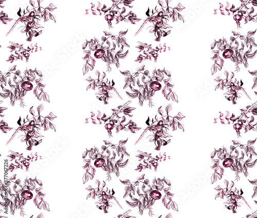 Hand drawn watercolor floral pattern with black and white rosehip