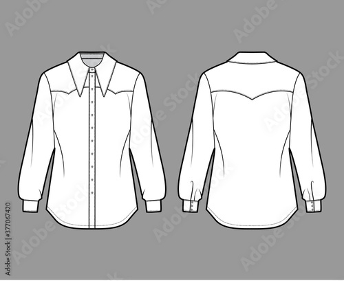 Western-inspired shirt technical fashion illustration with long sleeves with cuff, front button-fastening, exaggerated point collar. Flat template front back white color. Women unisex top CAD mockup