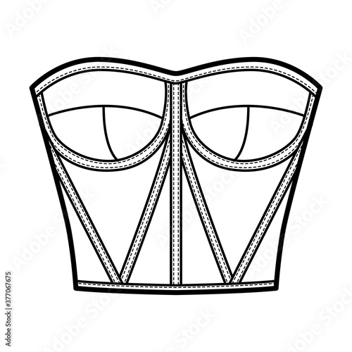 Corset-style bustier top technical fashion illustration with molded cups, close fit, back zip fastening, cropped length. Flat apparel template front, white color. Women men unisex shirt CAD mockup