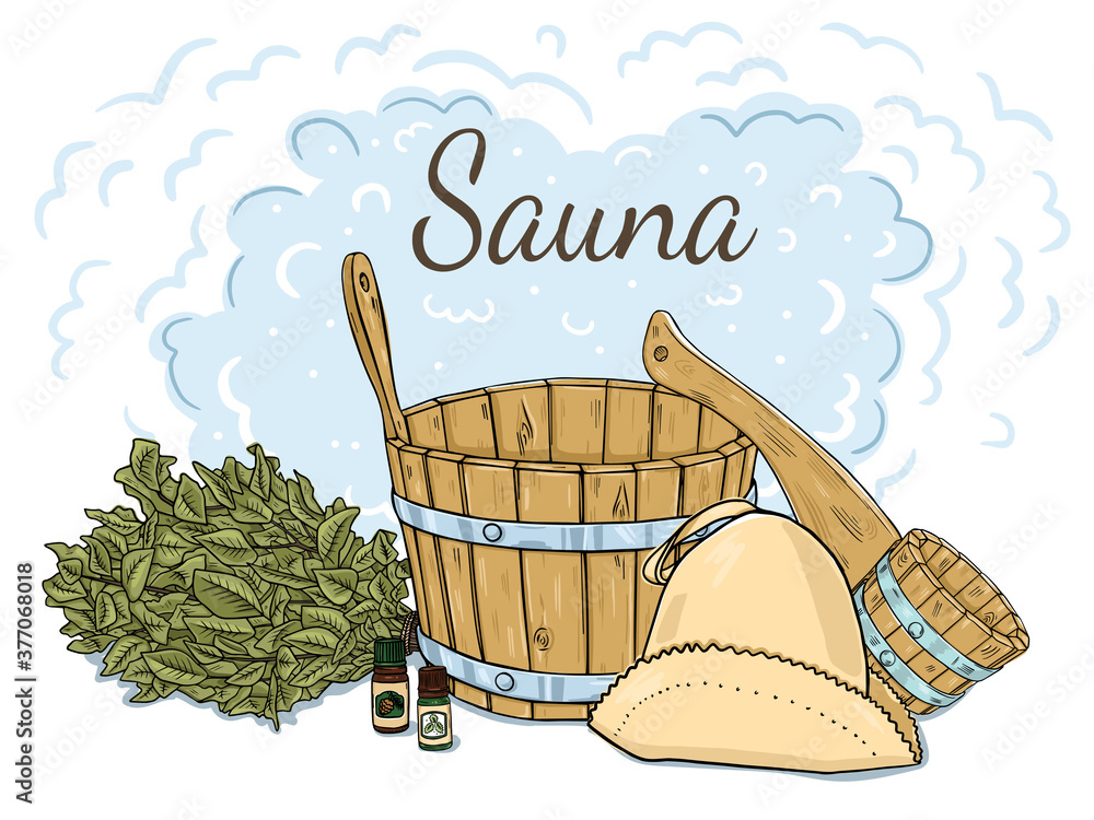 Fototapeta premium Composition of items for the sauna. Isolated objects on a white background. Doodle style.
