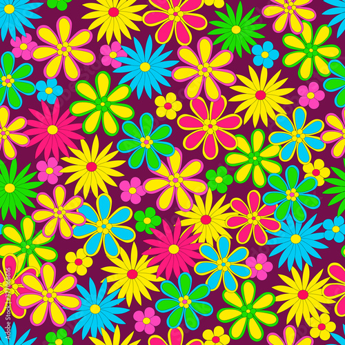 Seamless, pattern of colorful flower on a lilac background, vector illustration