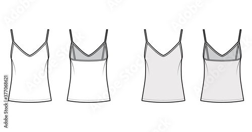 Camisole slip top technical fashion illustration with sweetheart neck, thin straps, relax fit, back zip fastening. Flat tank apparel template front, back, white grey color. Women men unisex CAD mockup