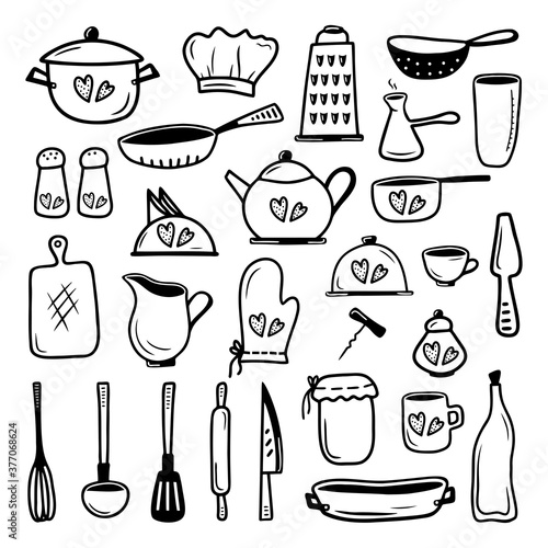 Set hand drawn elements kitchen utensils and tableware isolated on a white background. Doodle, simple outline illustration. It can be used for decoration of textile, paper.