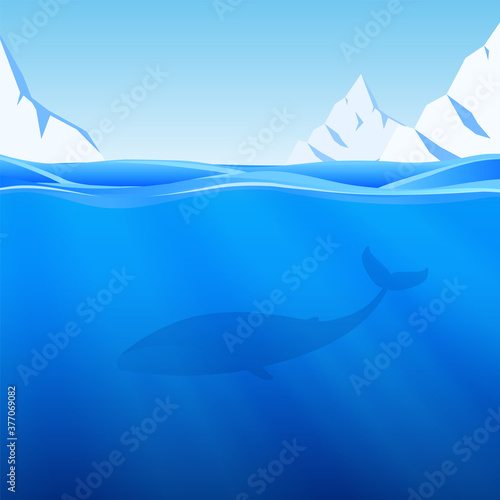 Water Background with northern sea, icebergs and whale.