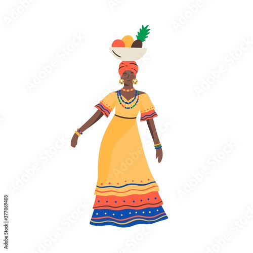 Dark skin Cuban woman dancing with bowl full of exotic fruits on head vector flat illustration. Female traditional Cuba clothes isolated. Ethnic tropical person in colorful dress and accessories