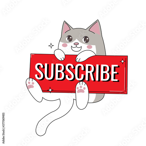 Cute cat logo mascot with subscribe button. Kawaii kitten sticker. Simple design flat vector isolated on white background.