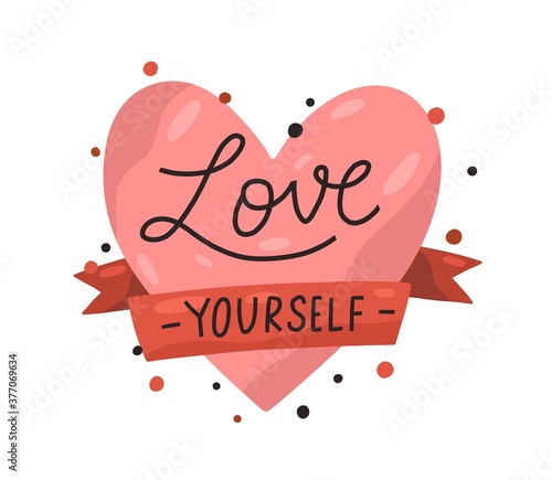 Red heart and ribbon with inscription Love yourself vector flat illustration. Cute symbol for self acceptance with motivational quote isolated. Composition or sticker with slogan and design elements