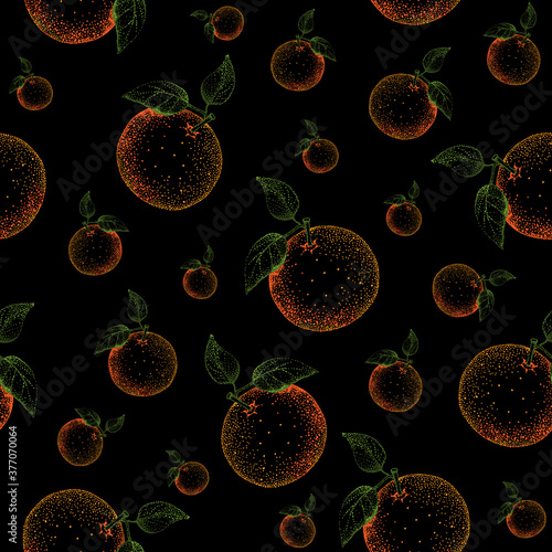 Mandarin fruit, stylized mandarin vector image, seamless pattern, orange neon mandarin with green leaf on a black background.