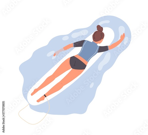 Female professional surfer lying on surfboard swimming on tide vector flat illustration. Woman enjoying seasonal extreme water sport isolated on white. Sportswoman at sea or ocean top view