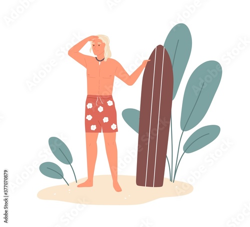 Male surfer standing on sand holding surfboard vector flat illustration. Happ...