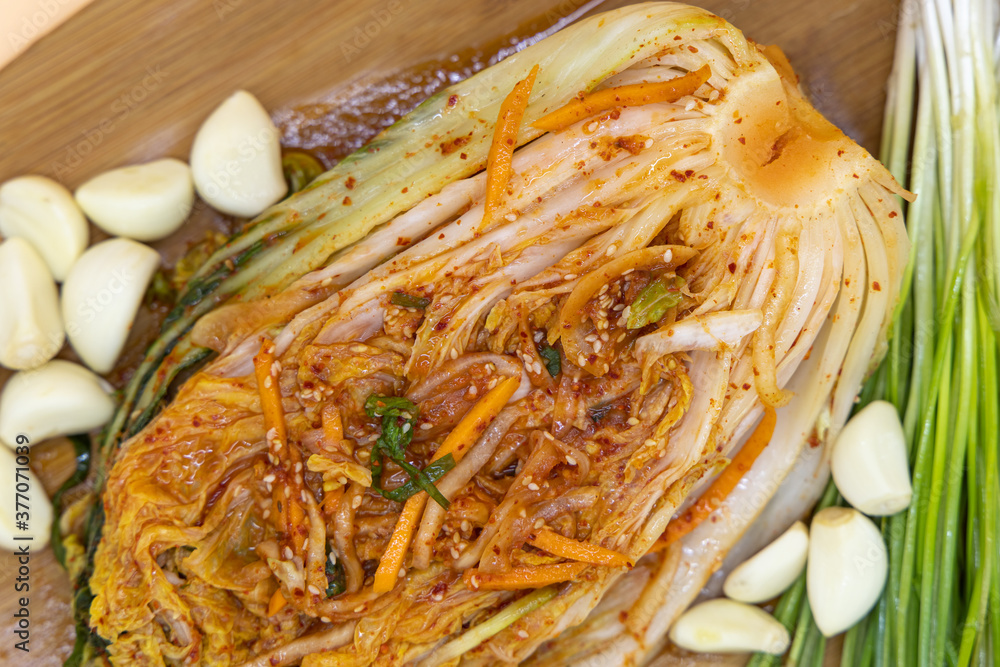 Korean Traditional Food cabbage kimchi with Ingredients Stock Photo