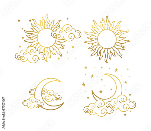Mystical golden boho tattoos with sun, crescent, stars and clouds. Linear design, hand-drawing. Set of elements for astrology, mysticism and fortune telling. Vector illustration on a white background.