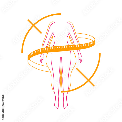 Weight loss dieting logo (isolated icon) - woman silhouette (fat and shapely figure) with measuring tape around