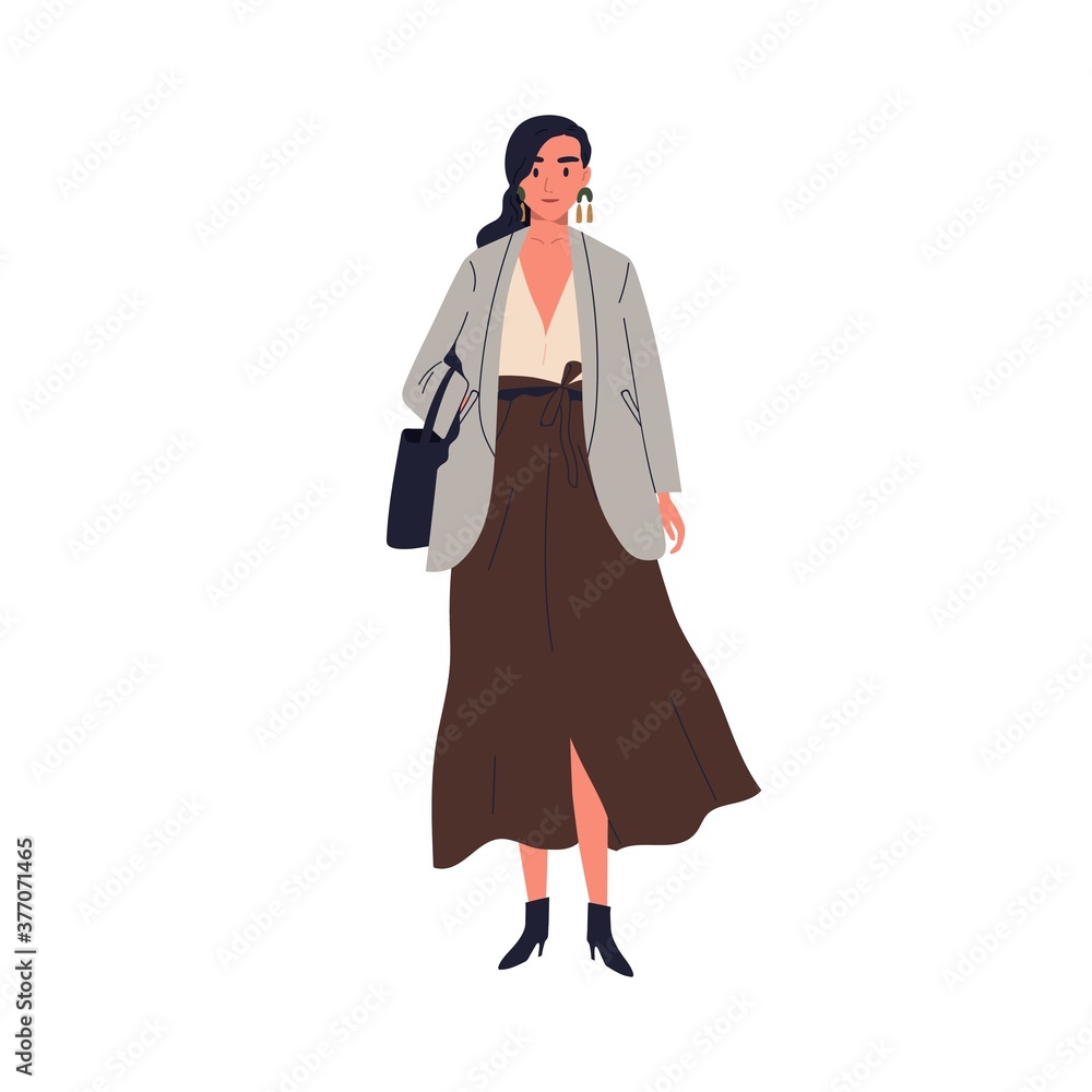 Stylish woman in modern outfit vector flat illustration. Elegant female in skirt and jacket standing holding handbag isolated on white. Adorable person in street style with trendy accessories