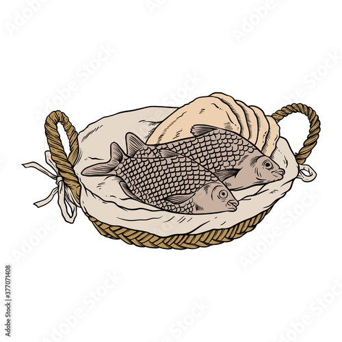 Vector Illustration of 5 pieces of bread and 2 Fishes