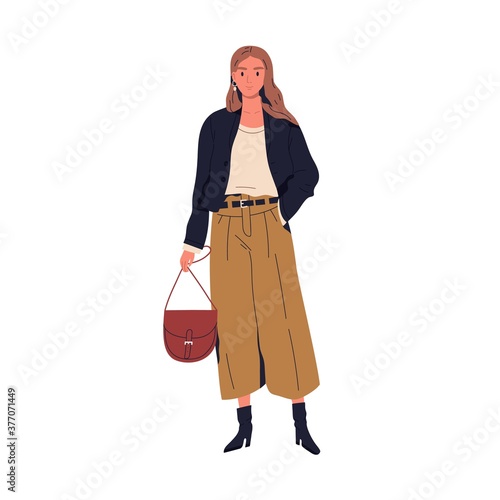 Fashionable young woman in trendy clothes vector flat illustration. Stylish p...