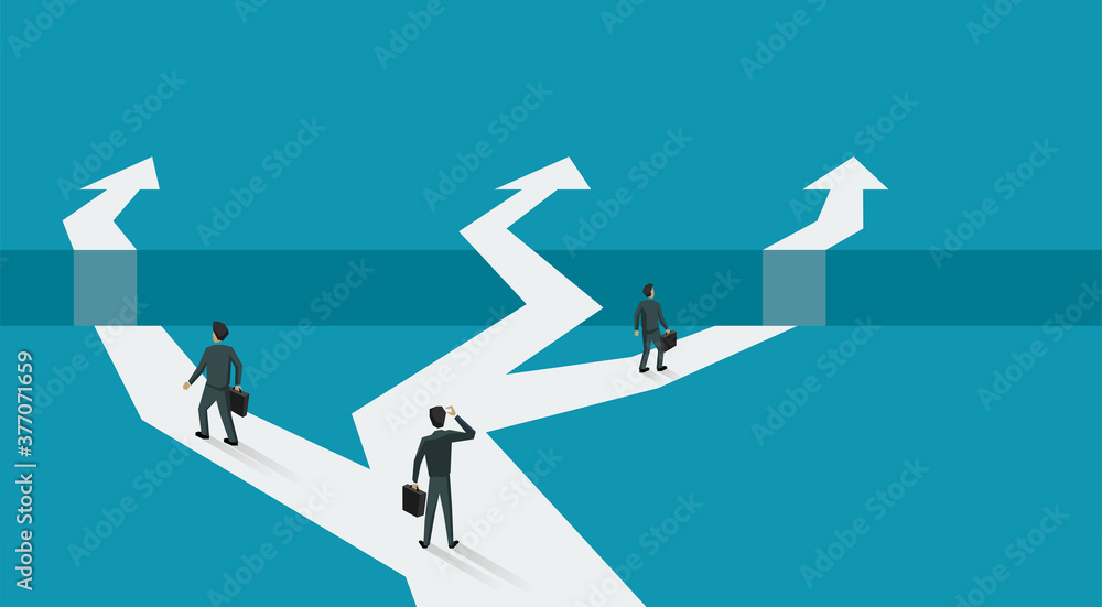 Business planning and correct decision choosing - people in low poly style walking on crossroads different direction arrows - vector illustration for business concept - obrazy, fototapety, plakaty 