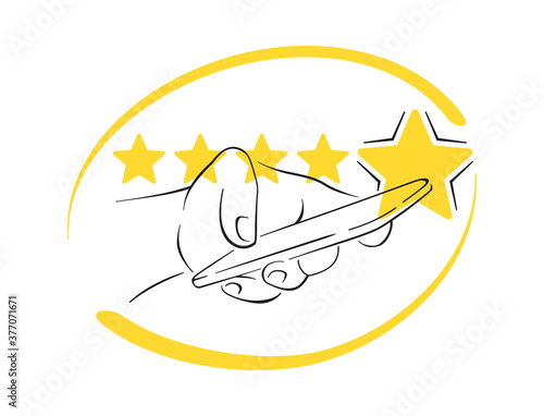 Thank You for 5 stars rated feedback - motivation banner - maximum saticfaction positive review illustration with yellow stars and phone in human hand
