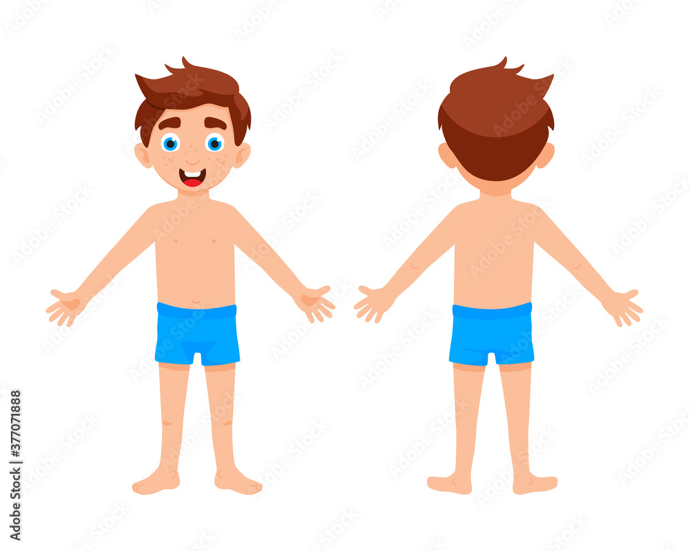 Cute kid boy shows his body parts medical anatomy chart placard or poster flat style cartoon vector illustration isolated on white background.