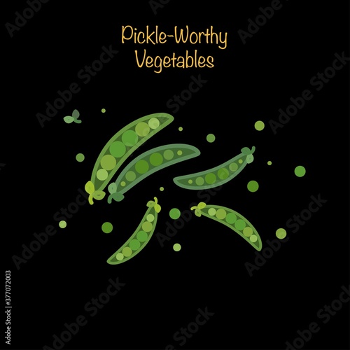 Pickle-worthy vegetables - pea pods and scattered peas. Vector Illustration